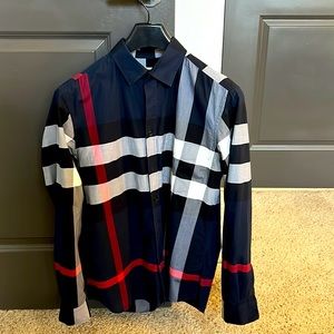 Burberry Simpson Stretch Cotton Check Shirt Button Down Shirt - Medium - Blue